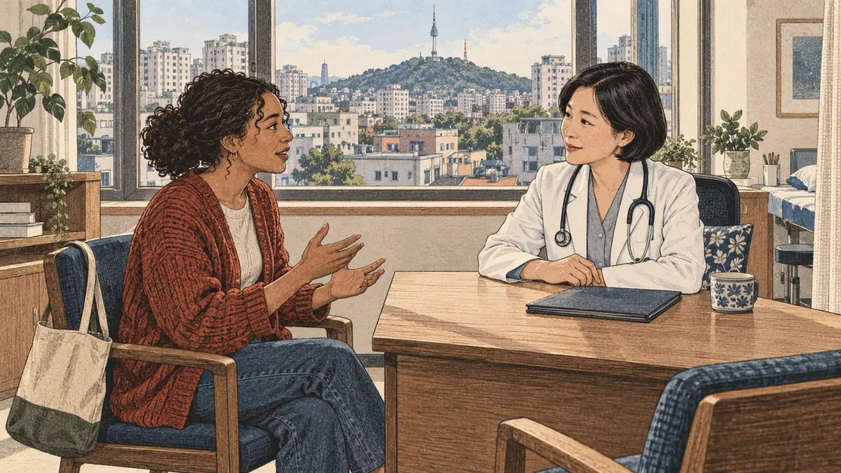 A Korean doctor listening to an adult learner in a Seoul clinic, evoking 의사 (uisa).