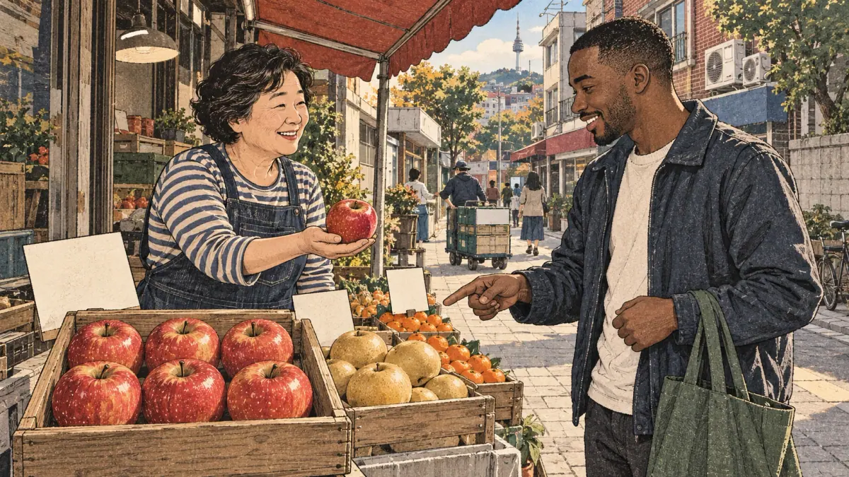 Un estudiante adulto elige manzanas en un puesto de fruta de Seúl, evocando 사과 (sagwa) y 과일 (gwail).