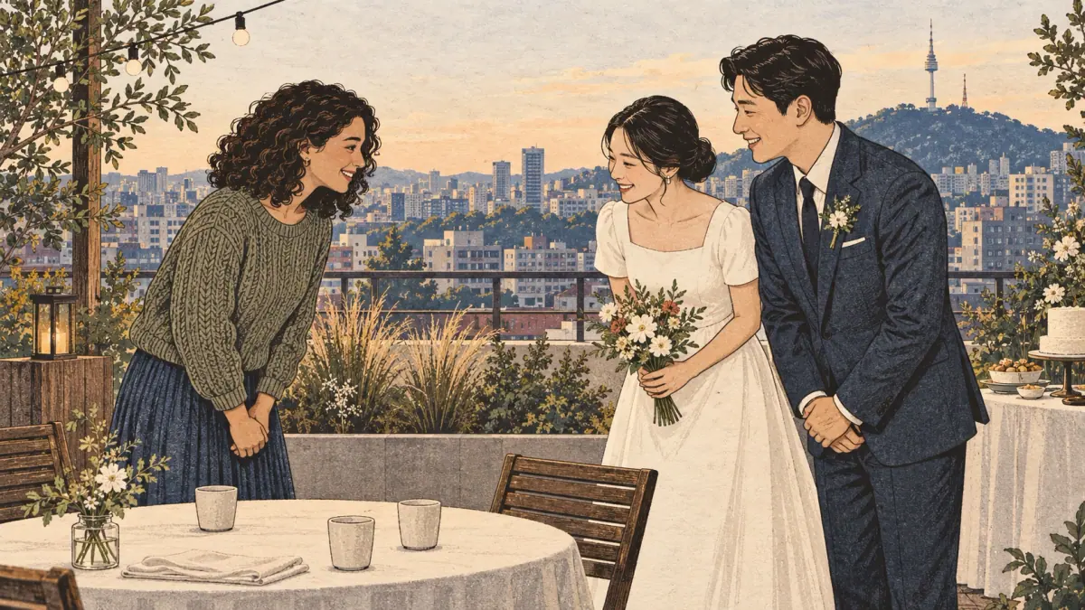 Invitados saludan a una pareja recién casada en una terraza de bodas de Seúl, evocando 웨딩 (weding).
