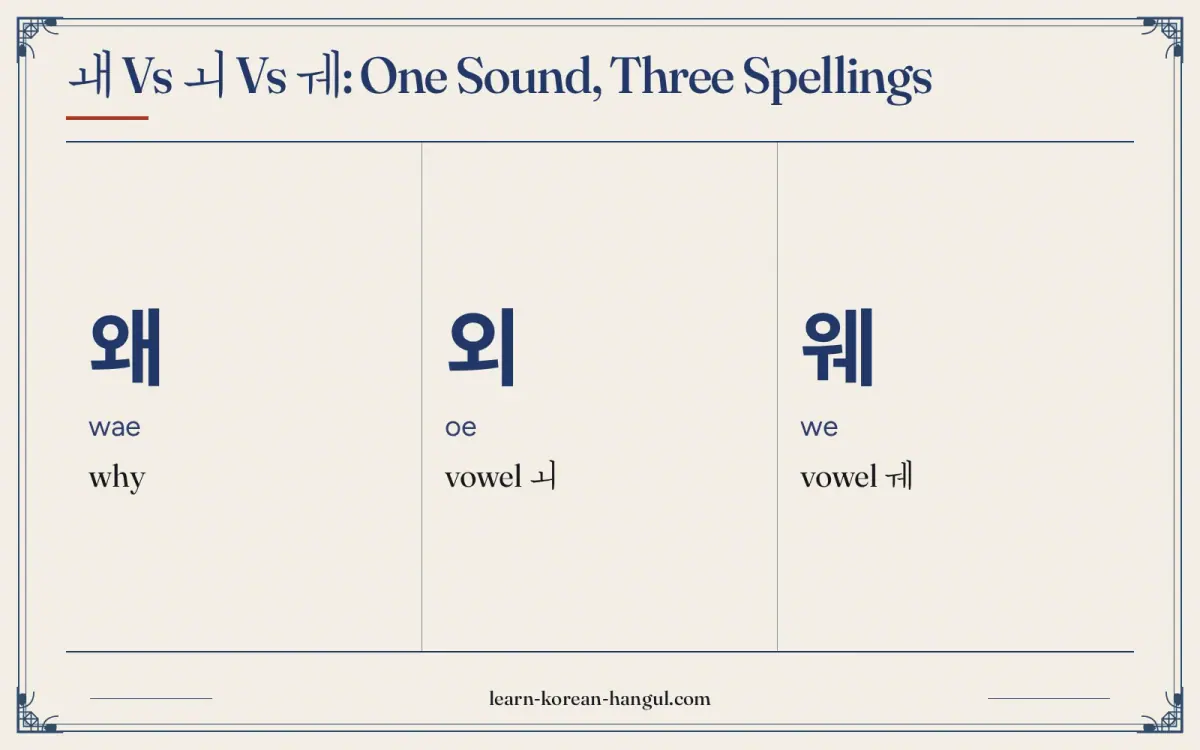 왜 · wae · why · ㅙ vs ㅚ vs ㅞ: one sound, three spellings