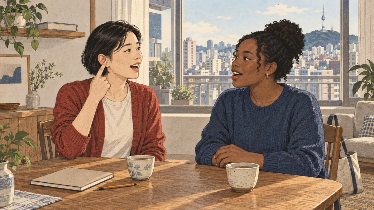 An adult learner points to her ear while practising Korean with a friend in a Seoul apartment.