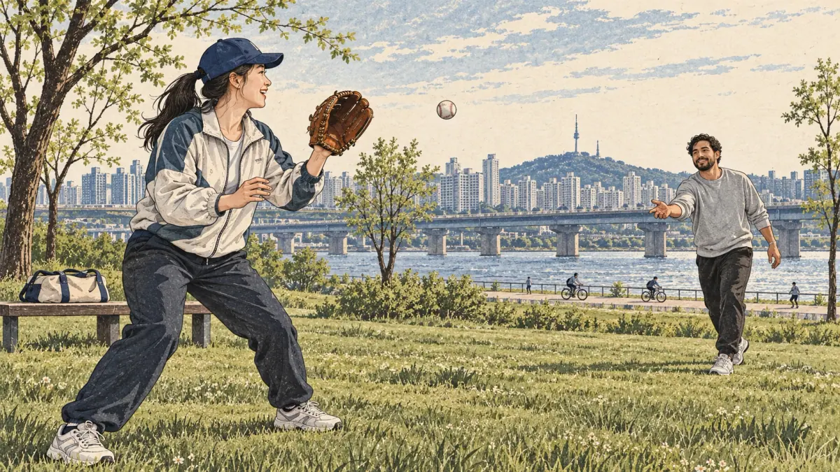 Two adult friends play catch with a baseball beside the Han River in Seoul.