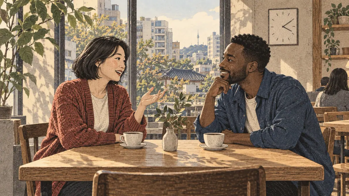Two adult friends share a story at a Seoul café beside a small clock.