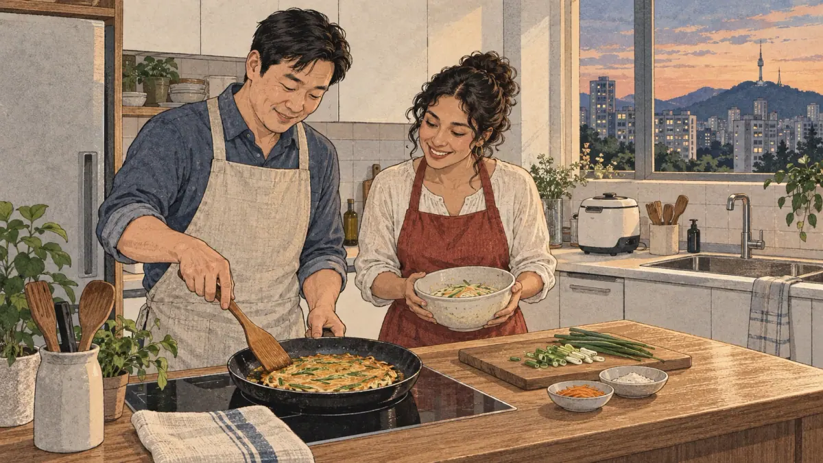 An adult learner cooks with a Korean friend in a sunlit Seoul apartment kitchen.