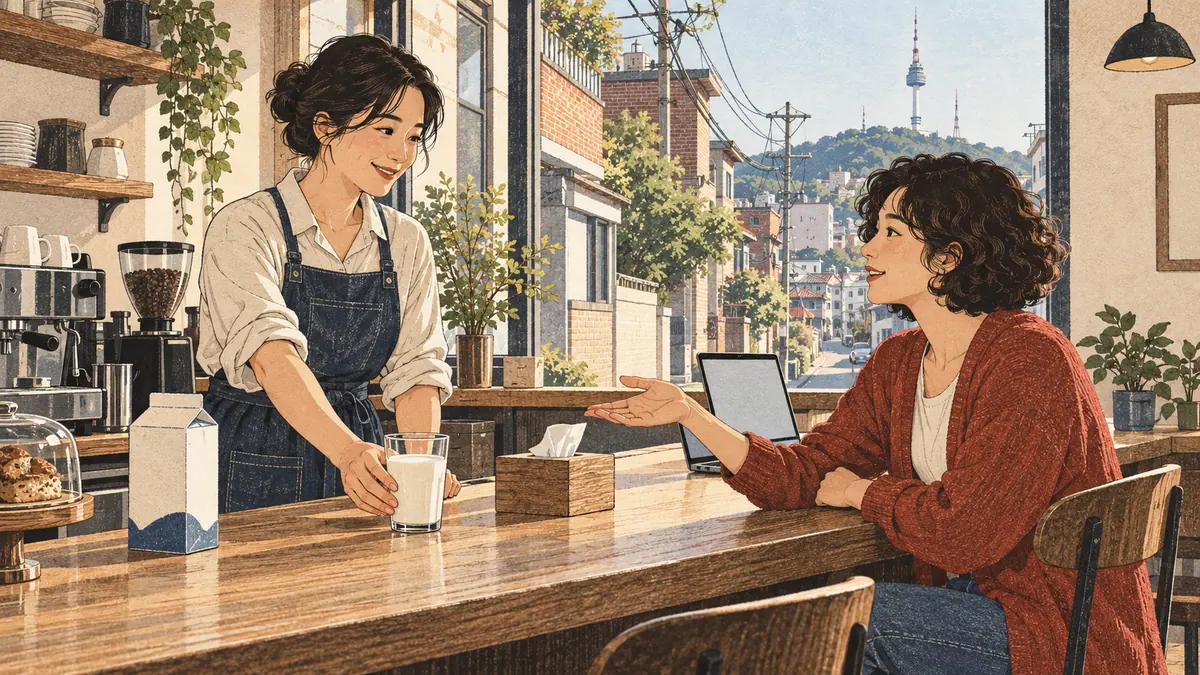An adult learner asks for milk at a Seoul café, with tissues and a laptop nearby.