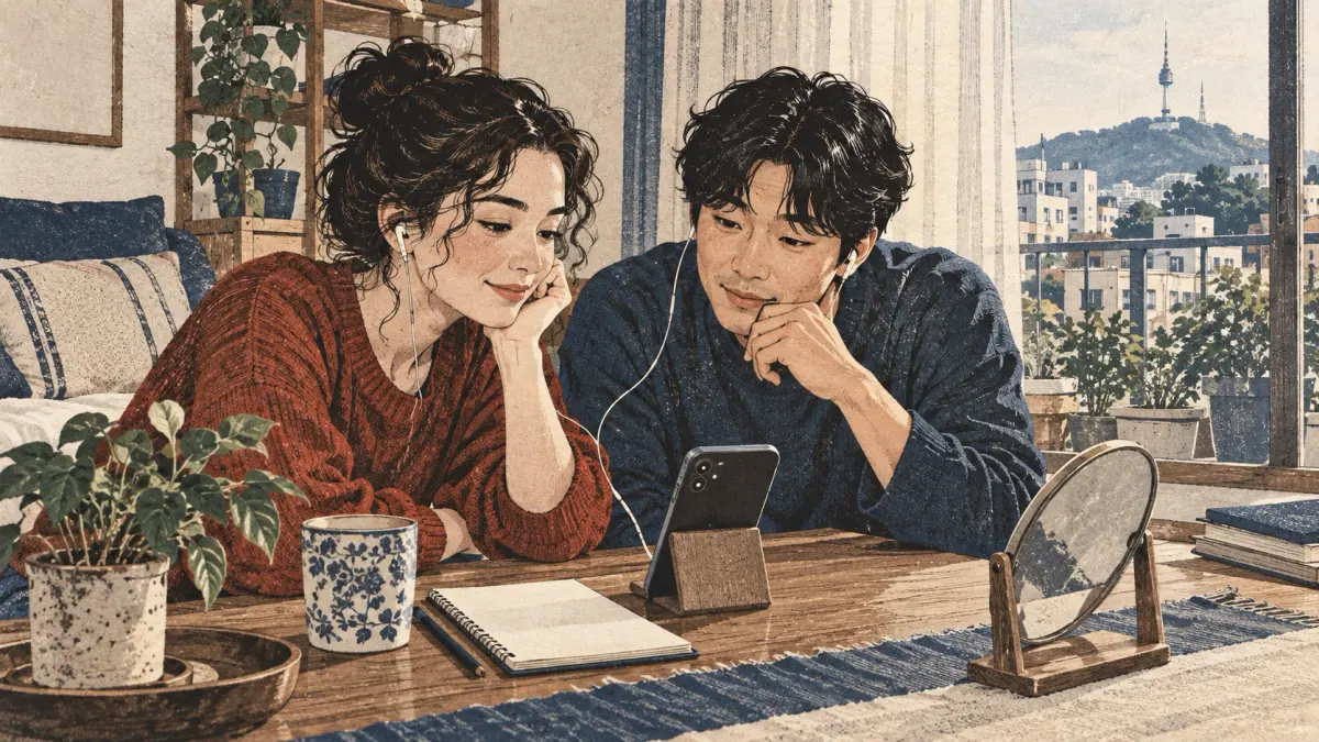 Adult learners listen to Korean audio at a wooden desk with a mirror and blank notebook.