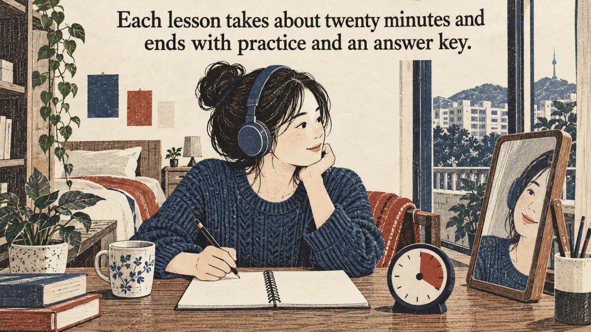 A learner listens beside a mirror and timer; each lesson takes about twenty minutes.