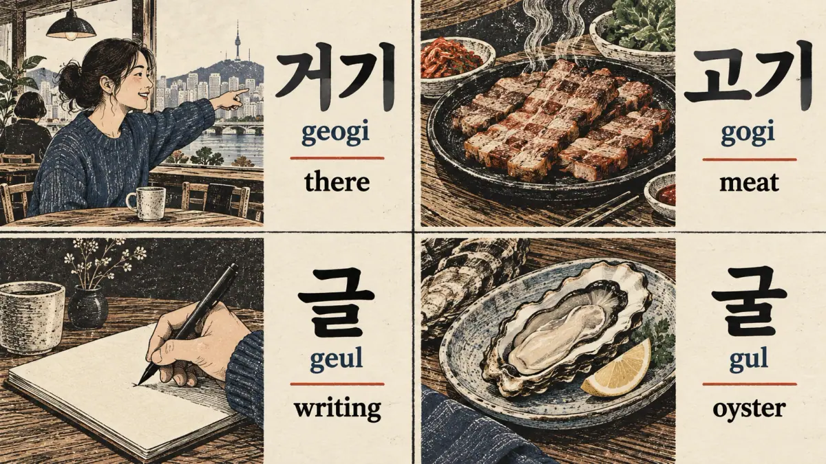 거기 (geogi), 고기 (gogi), 글 (geul), 굴 (gul) illustrated as there, meat, writing and oyster.
