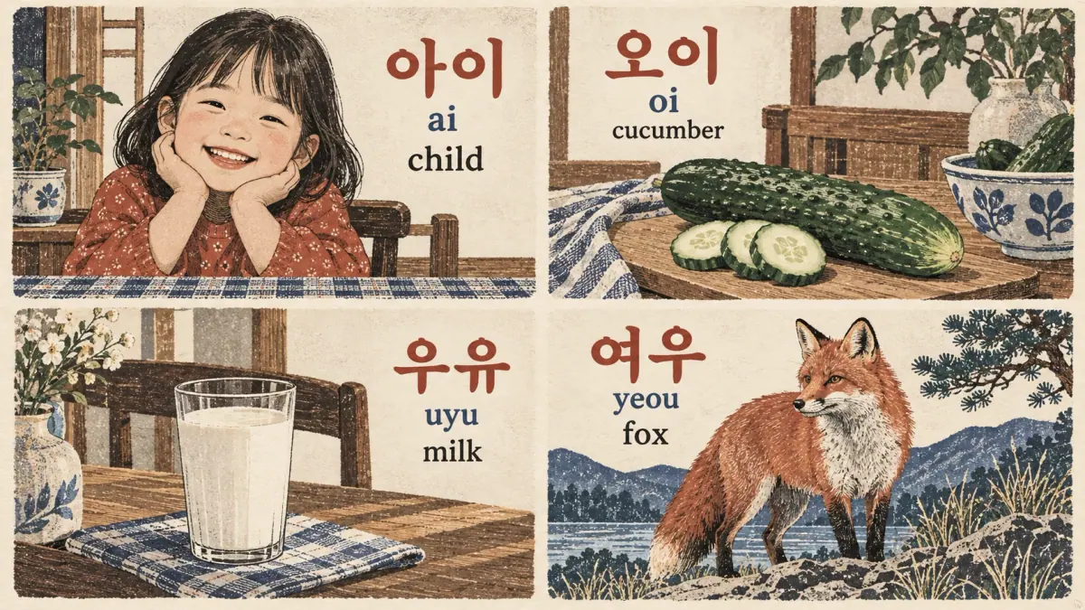 아이 (ai), 오이 (oi), 우유 (uyu), 여우 (yeou) illustrated as child, cucumber, milk and fox.