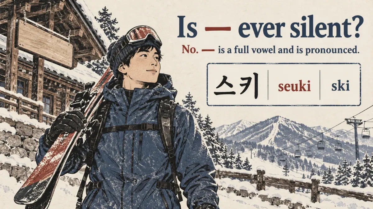 A skier illustrates 스키 (seuki), ski, beside the fact that ㅡ is pronounced.