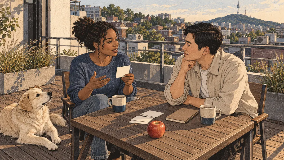 Two adult learners practise Korean together on a Seoul rooftop terrace beside an apple and a resting dog.