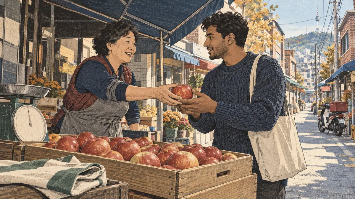 A learner in a knitted sweater receives an apple from a vendor at a Seoul neighborhood fruit stall.