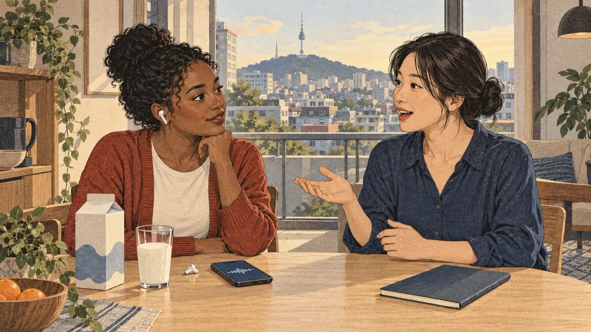 An adult learner practises Korean vowel sounds with a tutor in a Seoul apartment.