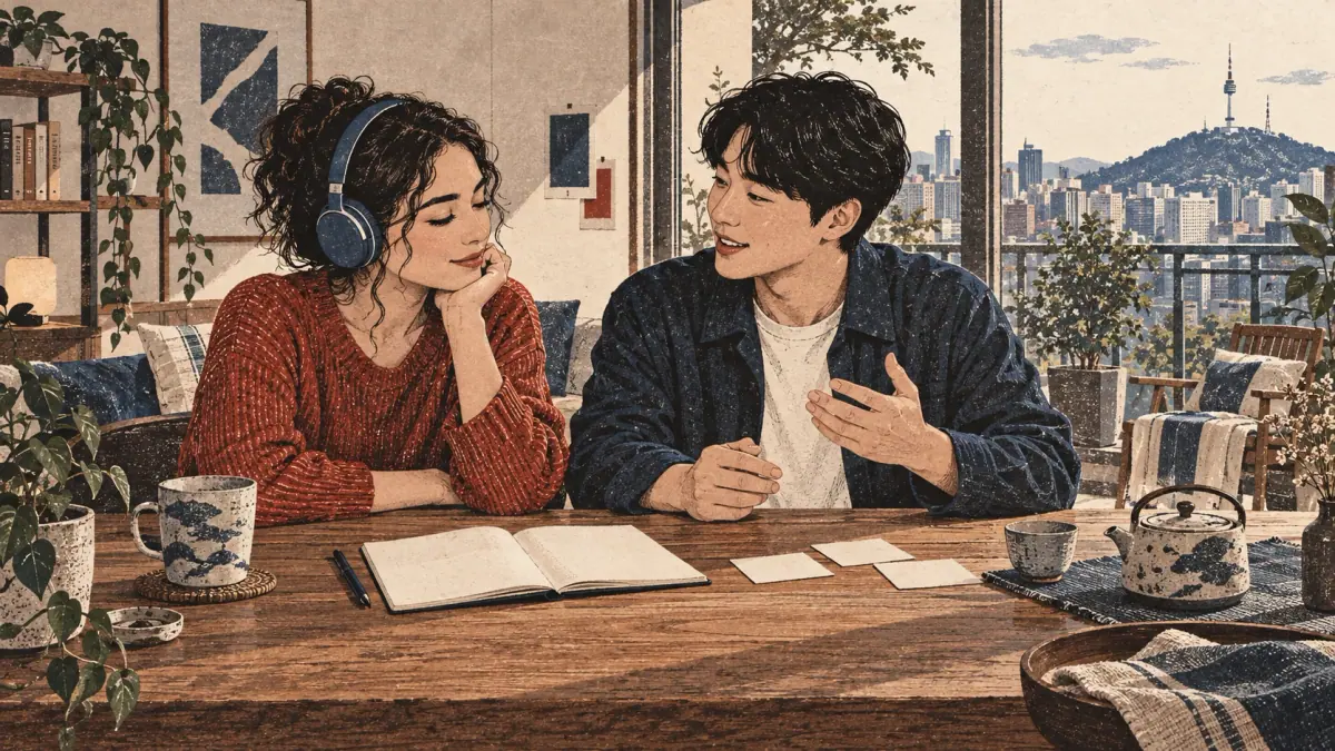 An adult learner listens to Korean vowel audio with a tutor at a wooden desk.