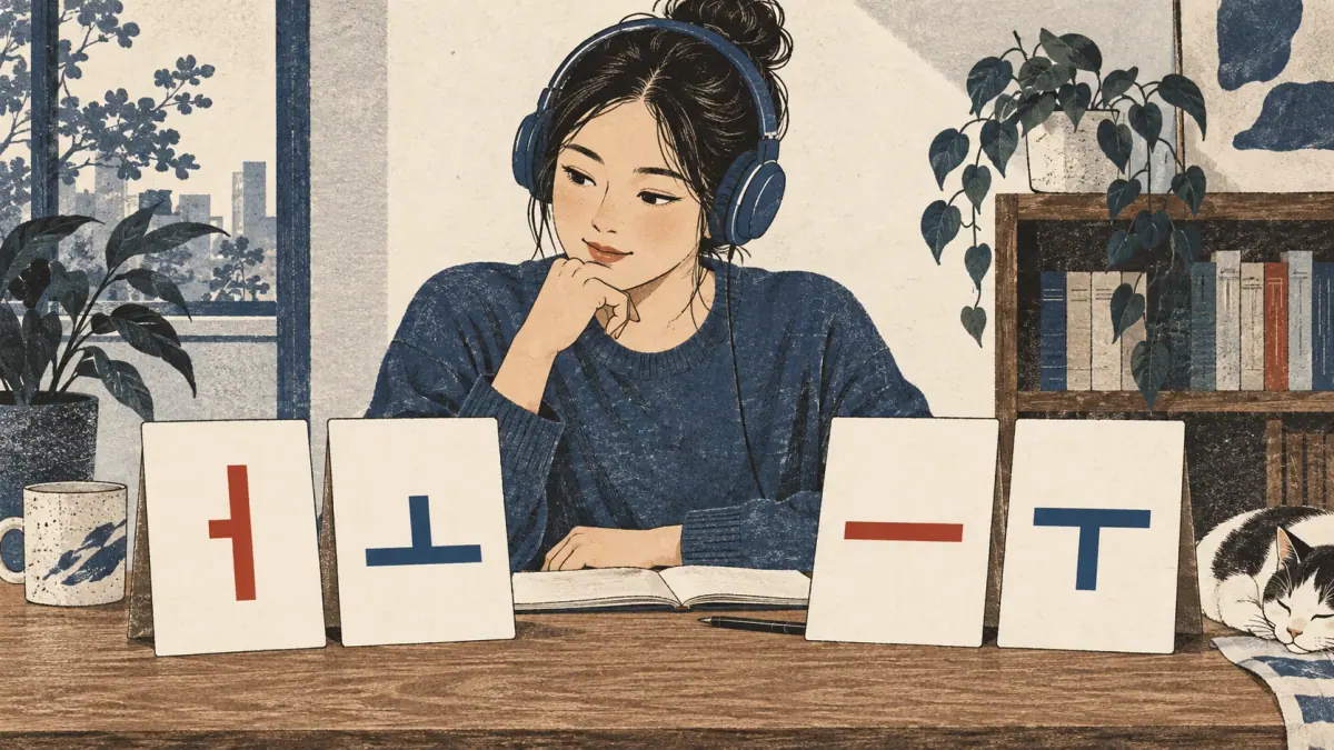 Listening cards compare ㅓ with ㅗ and ㅡ with ㅜ.