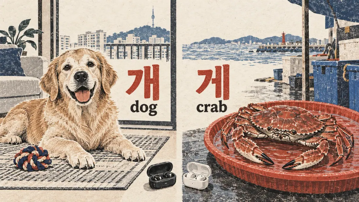 개 (dog) and 게 (crab) label a dog and crab to show meanings remain distinct.