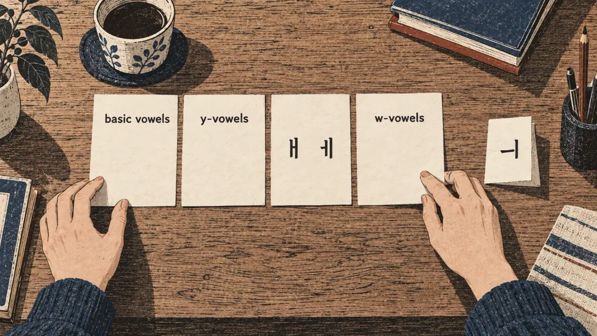Study tabs order basic vowels, y-vowels, ㅐ and ㅔ, w-vowels, then ㅢ.