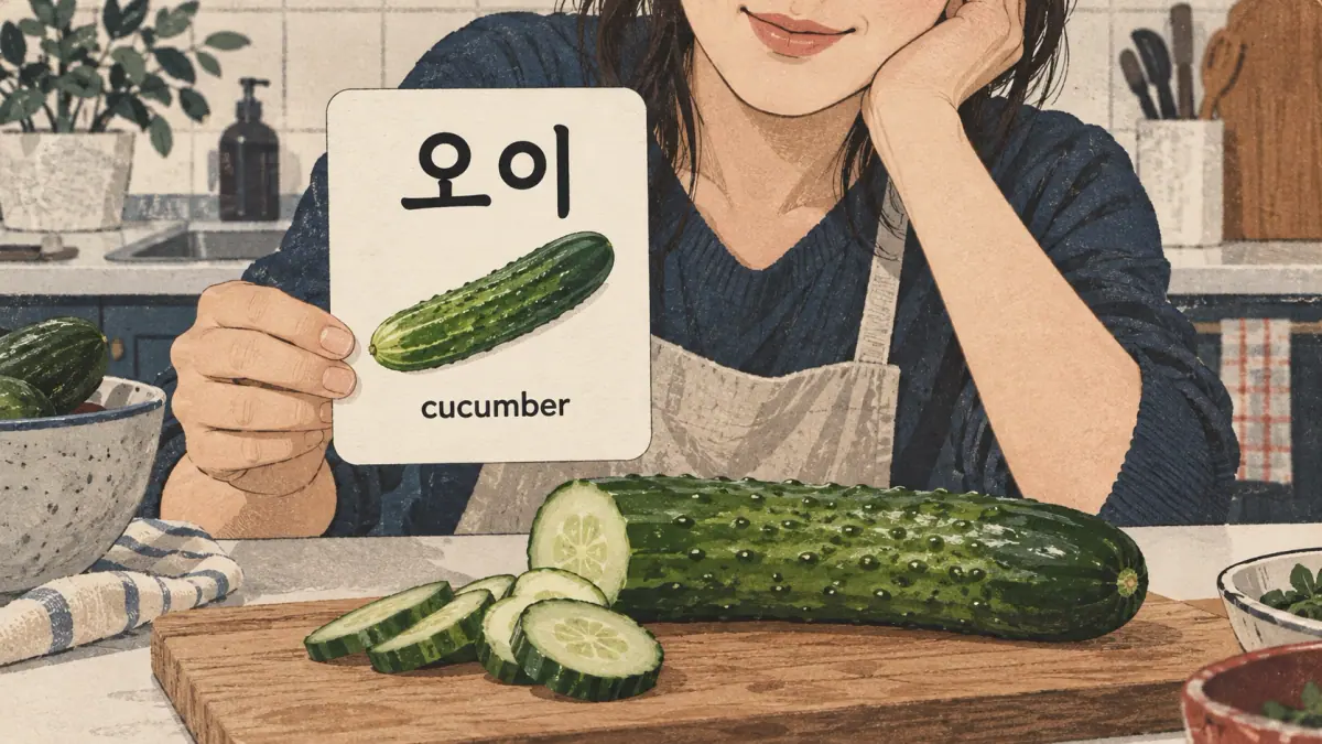A learner holds an 오이 (cucumber) card beside a cucumber in a Korean kitchen.