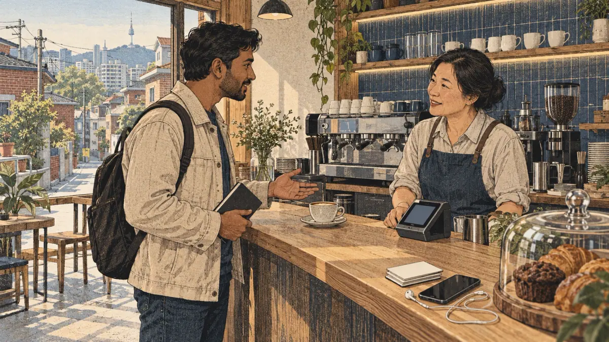 A beginner practises ordering coffee in Korean at a Seoul café.