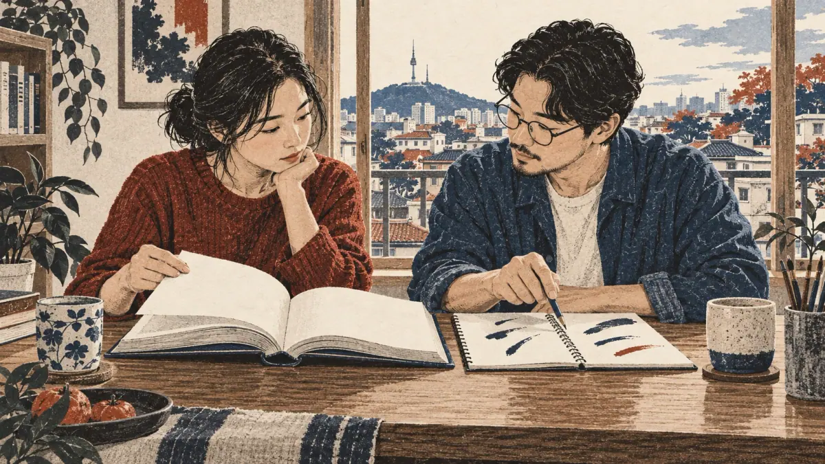 Adult learner and Korean tutor compare a printed book and notebook at a Seoul apartment desk.