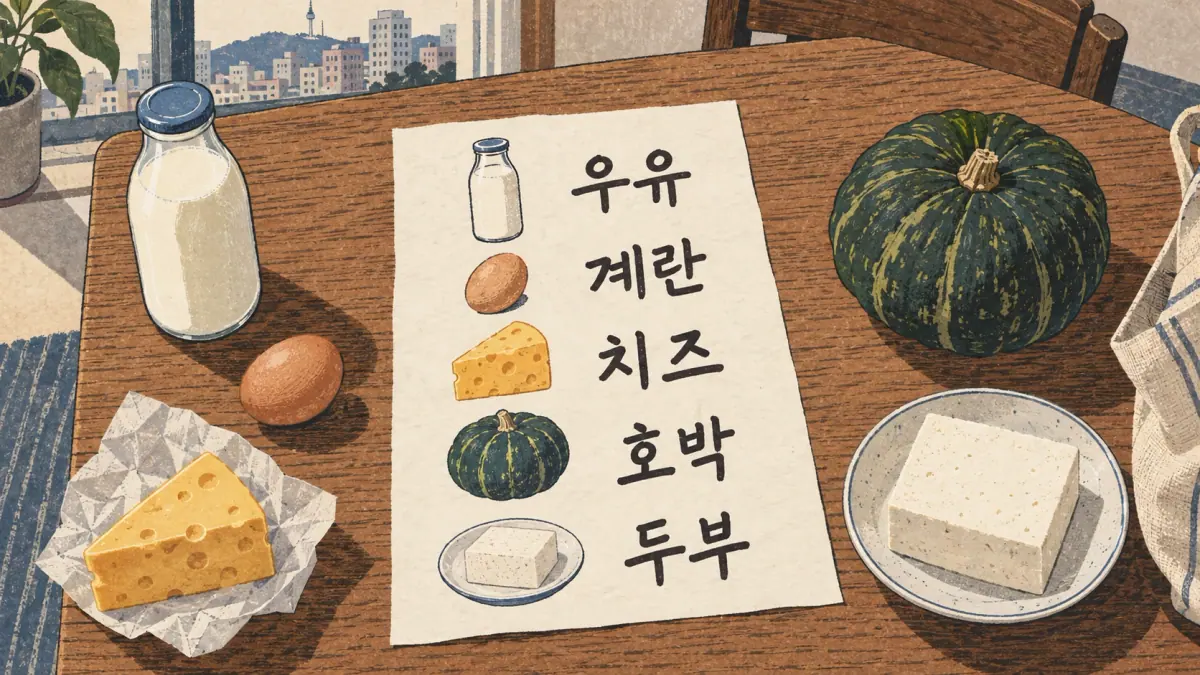 Grocery note labels 우유, 계란, 치즈, 호박 and 두부 beside their foods.