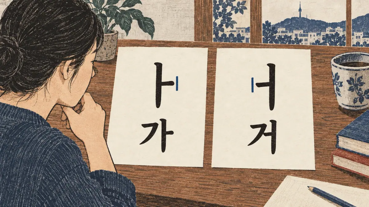 Learner compares ㅏ and 가 with ㅓ and 거 to check the side of the vowel tick.