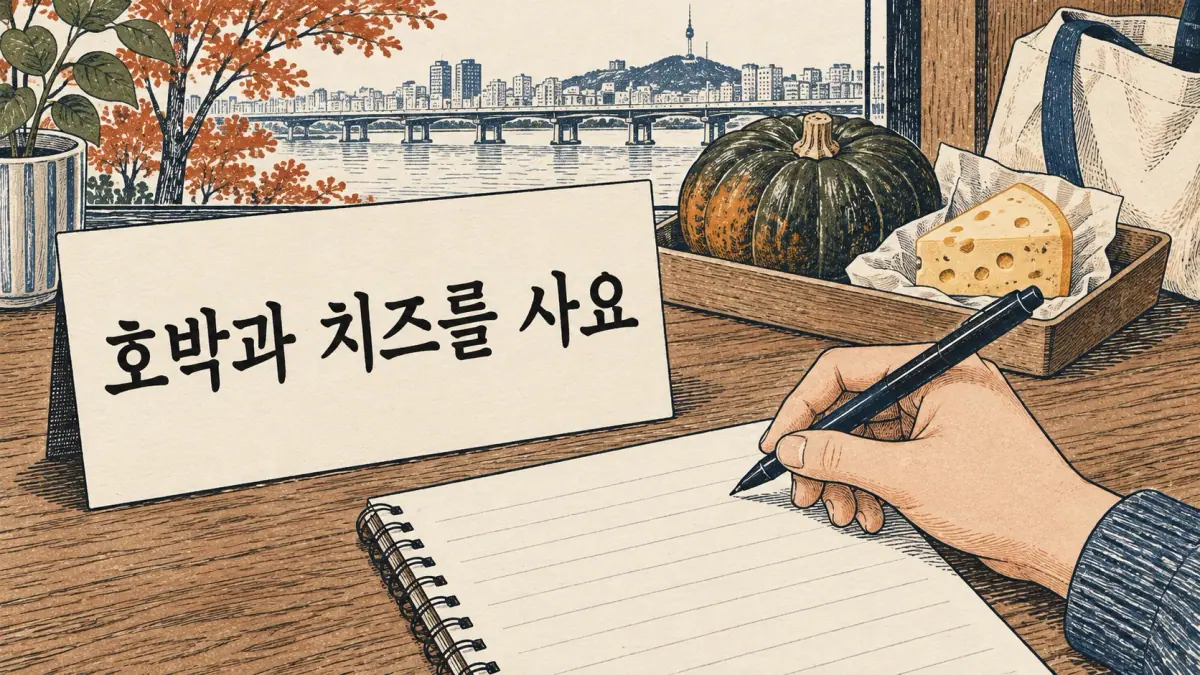 Sentence card 호박과 치즈를 사요 beside pumpkin, cheese and a blank practice notebook.