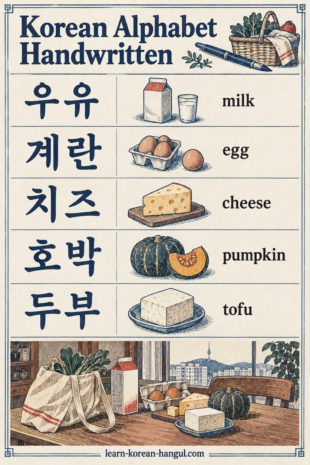 Grocery vocabulary rows show 우유 milk, 계란 egg, 치즈 cheese, 호박 pumpkin and 두부 tofu.