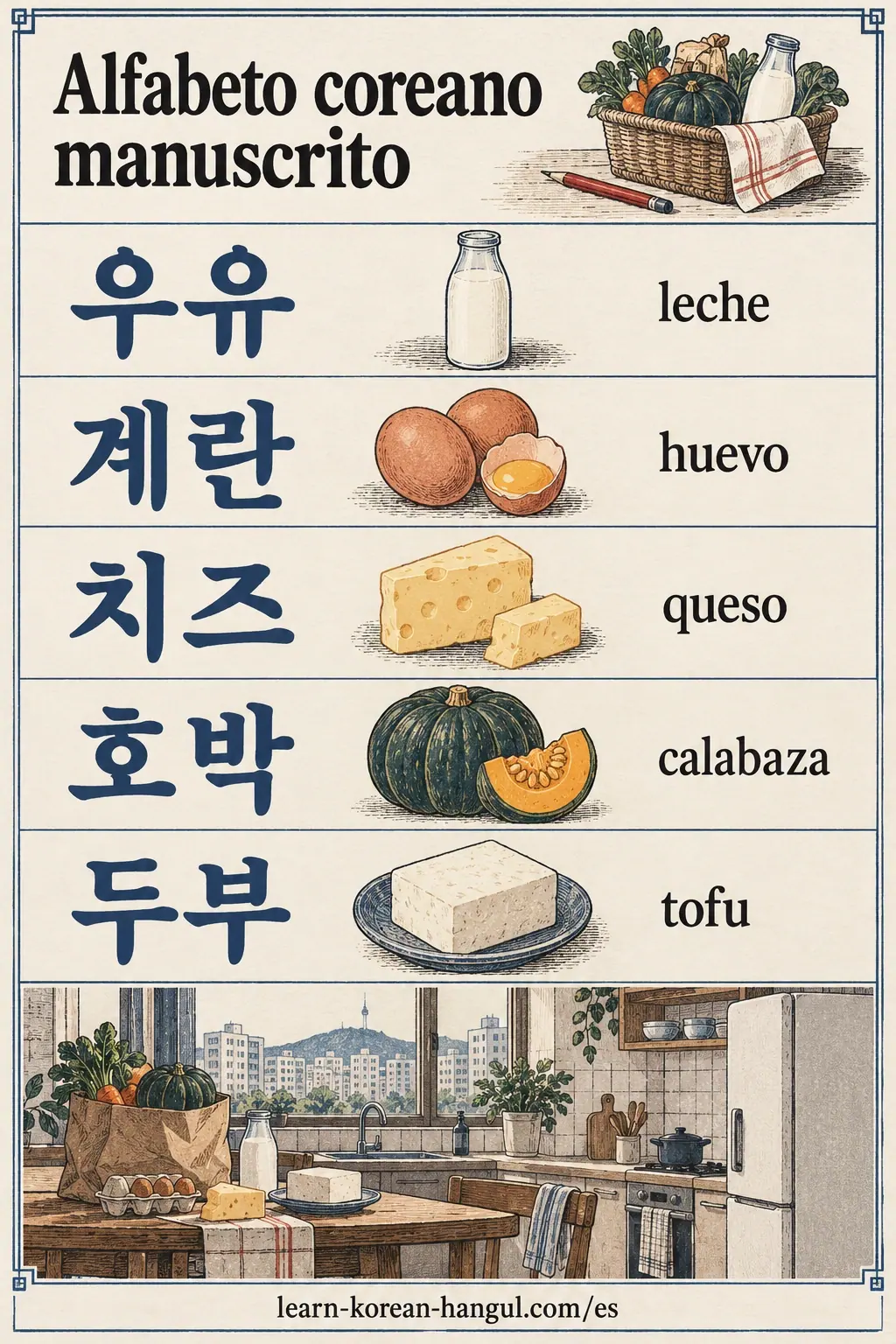 Filas de vocabulario muestran 우유 leche, 계란 huevo, 치즈 queso, 호박 calabaza y 두부 tofu.