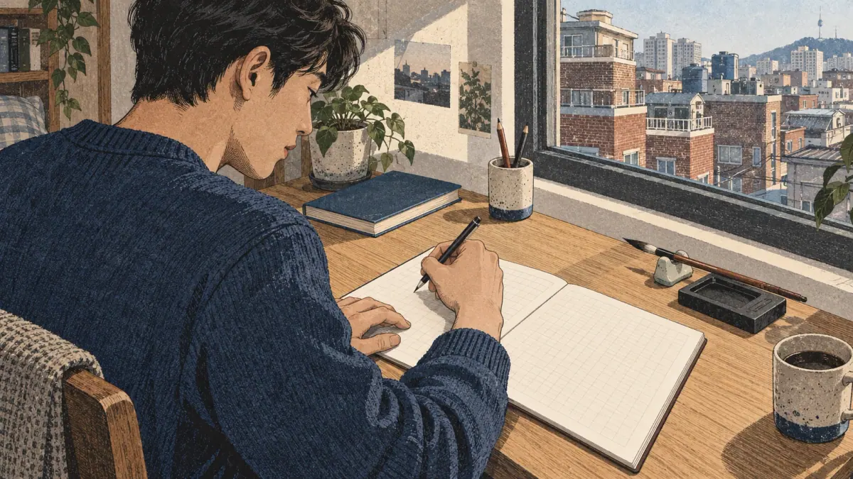 An adult learner prepares to practise handwriting with a pen and square-grid notebook in Seoul.