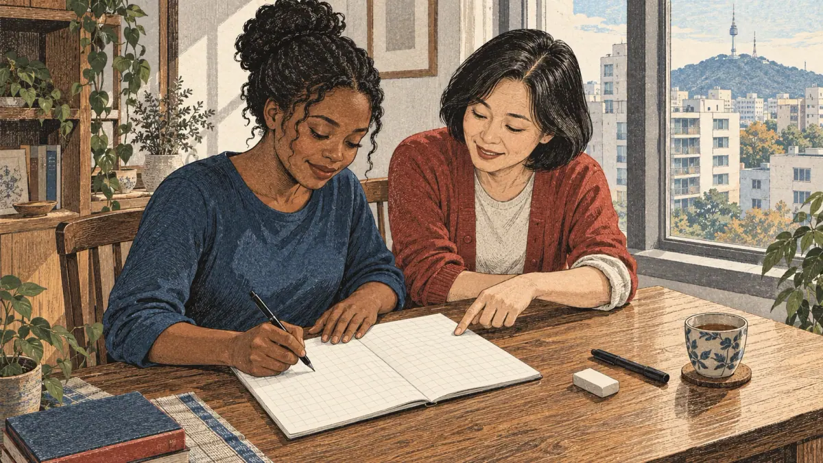 An adult learner practises pen movements with a Korean tutor at a Seoul apartment desk.
