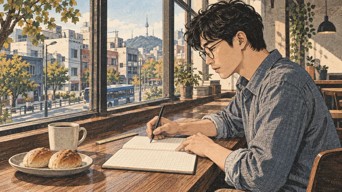An adult learner pauses over a grid notebook in a Seoul café, preparing to practise evenly spaced double letters.