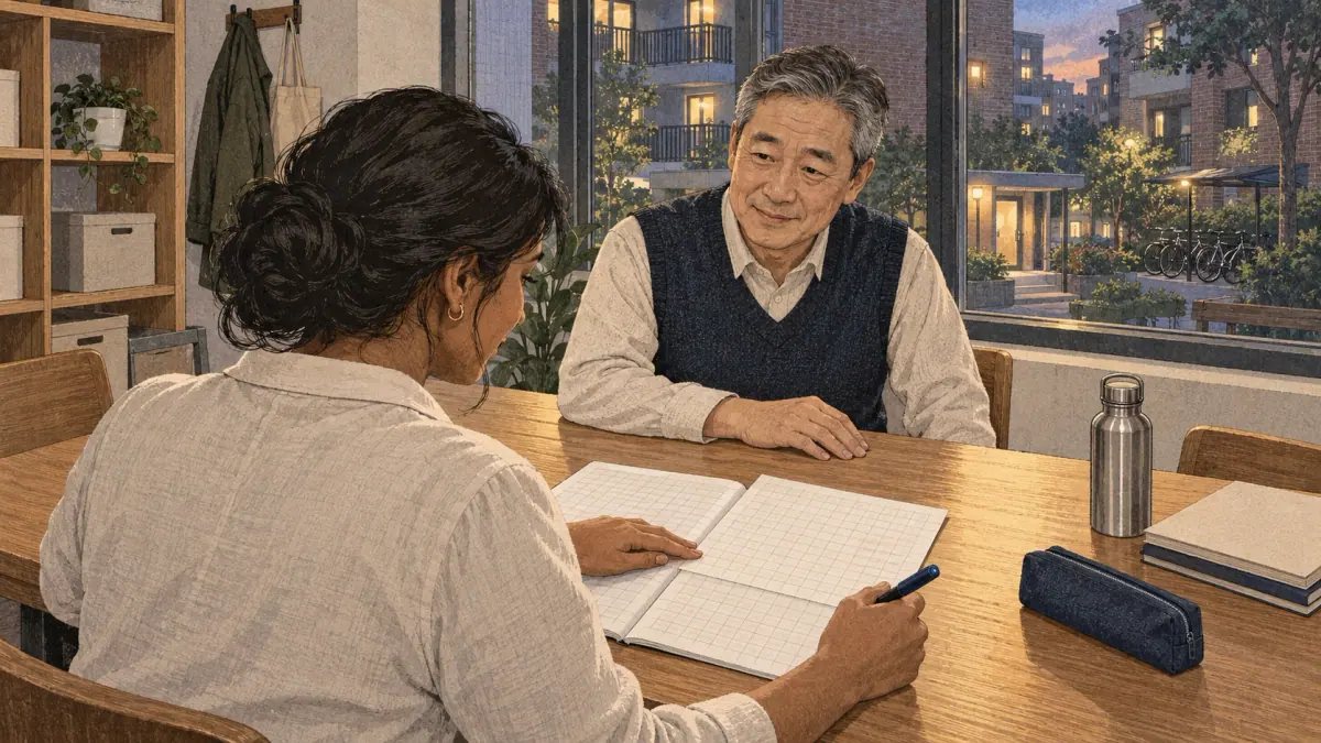 Two adult learners prepare square-grid writing practice at a Seoul community learning room.