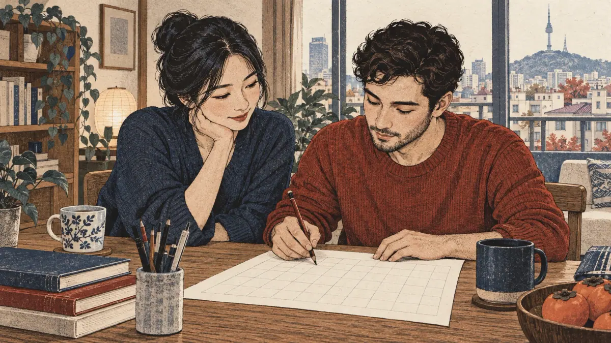 A Korean tutor observes an adult learner practising with pencil and a blank grid at a Seoul apartment desk.