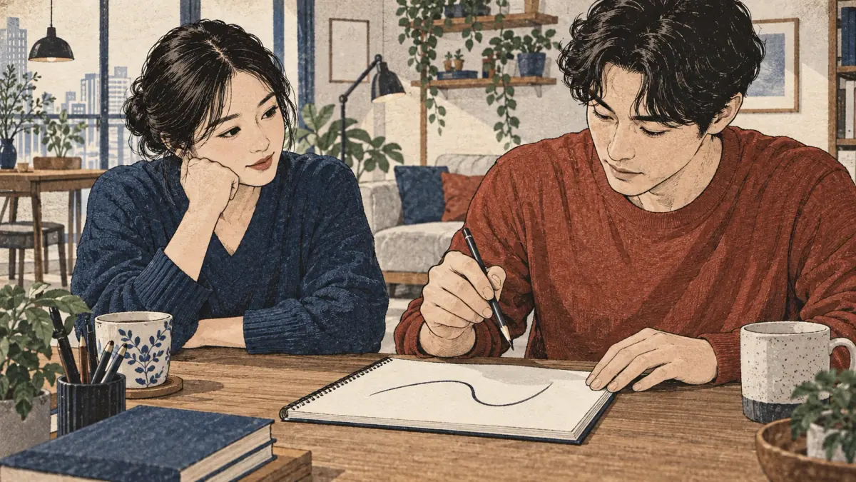 Close-up teaching scene, pencil held naturally above a blank notebook