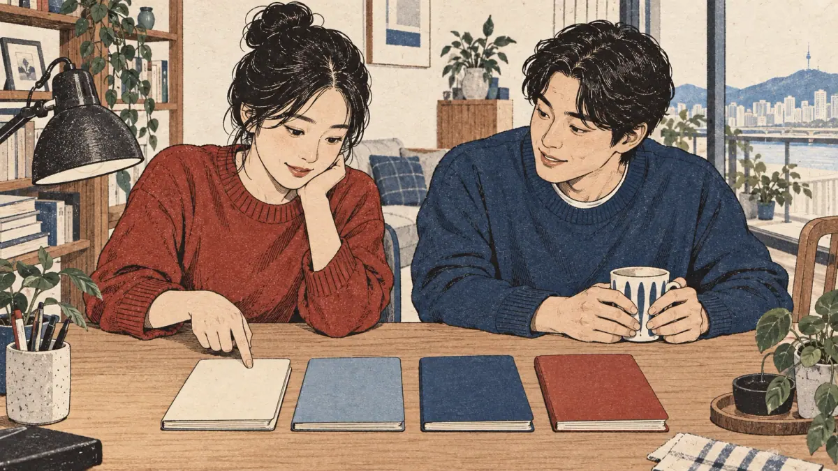 A tutor helps an adult choose a study notebook at an apartment desk: four closed blank notebooks stacked in a deliberate progression, adult pointing 