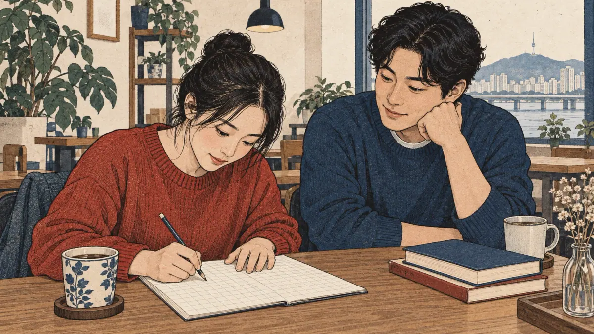 A focused adult learner patiently repeats pencil practice on a blank square-grid notebook while tutor watches at a café desk. Do not depict letters, 
