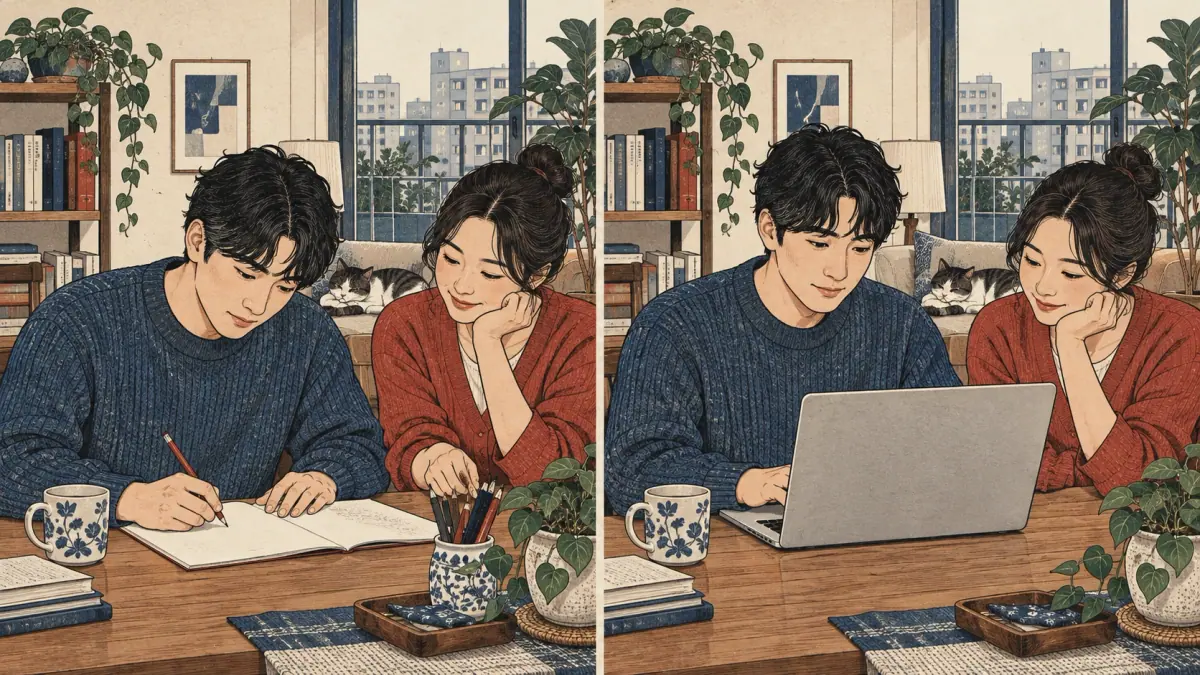 Two-panel comparison scene without text: on left adult learns handwriting with pencil at a desk watched by tutor