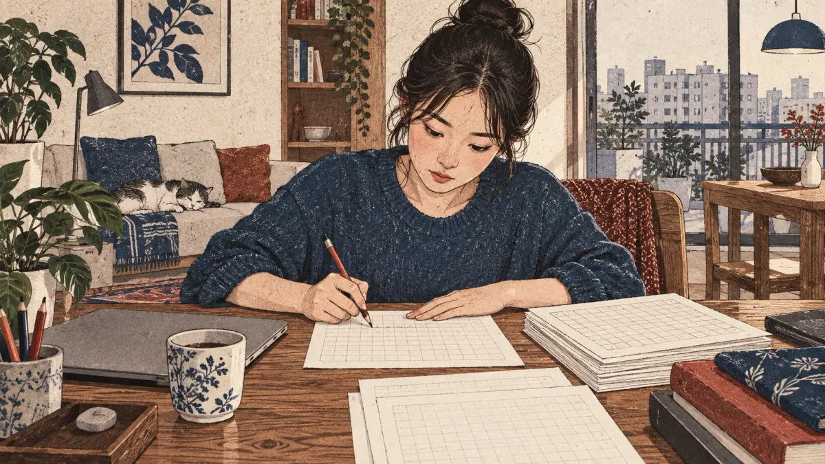 Learner at wood desk pushes closed laptop aside and practises with pencil on blank printable grid sheets. Detailed stacked paper, ceramic cup, natura