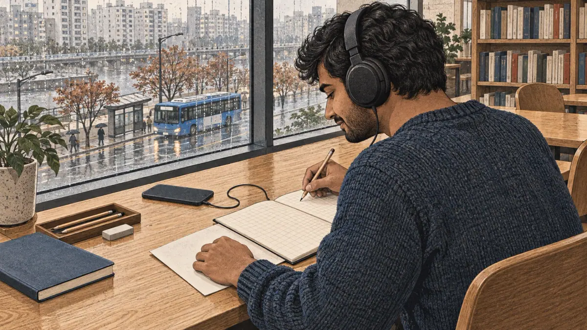 An adult learner wearing headphones prepares to write from audio in a Seoul library.