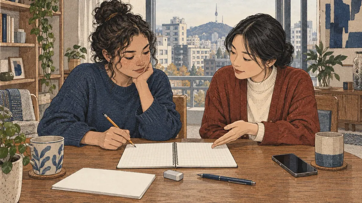 Una persona adulta prepara un lápiz y papel cuadriculado con una profesora coreana.