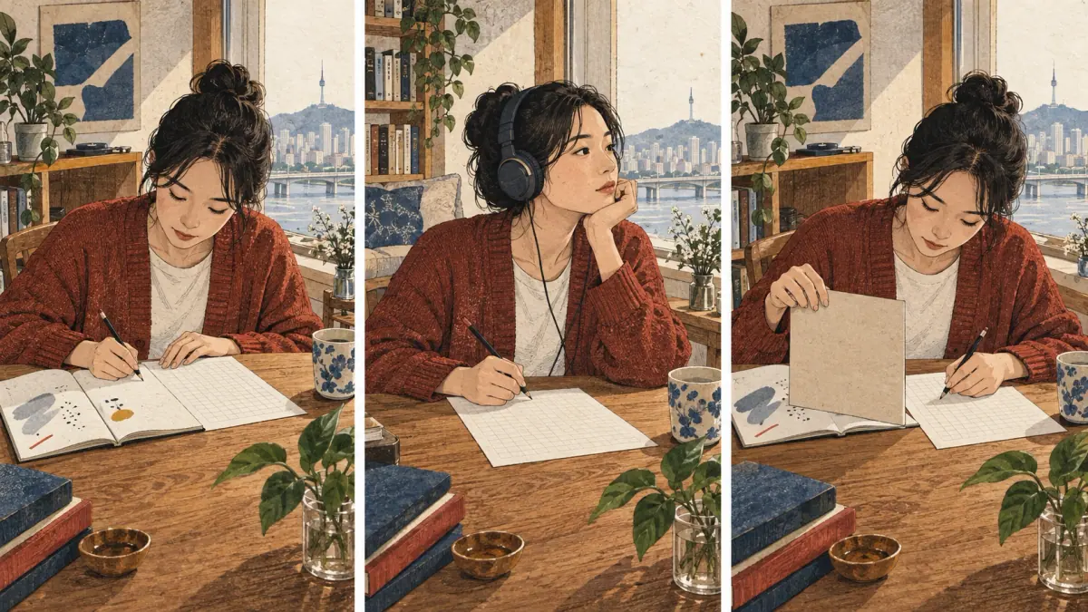 Una estudiante copia un modelo, escucha con auriculares y lo tapa para practicar de memoria.