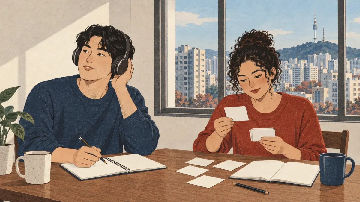 Adult learners practise with audio, a notebook and flashcards in a Seoul apartment.