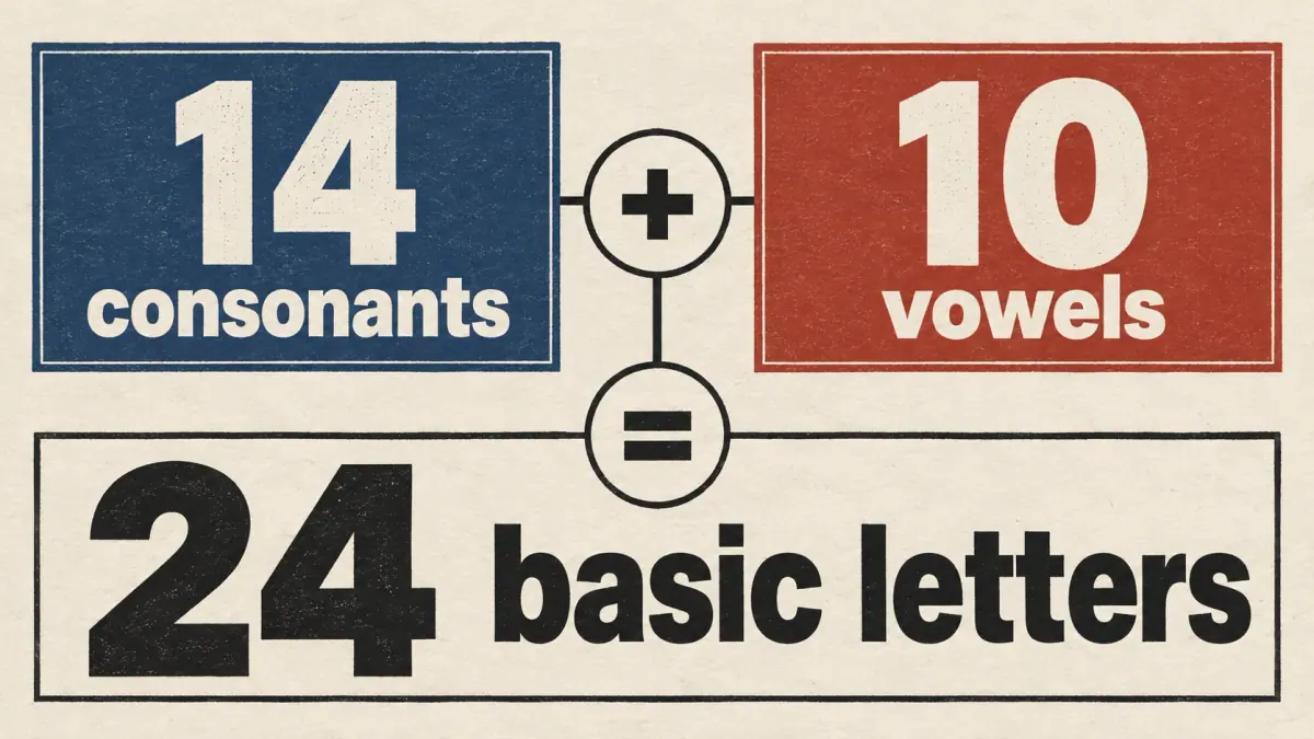 A comparison shows 14 consonants plus 10 vowels equals 24 basic letters.