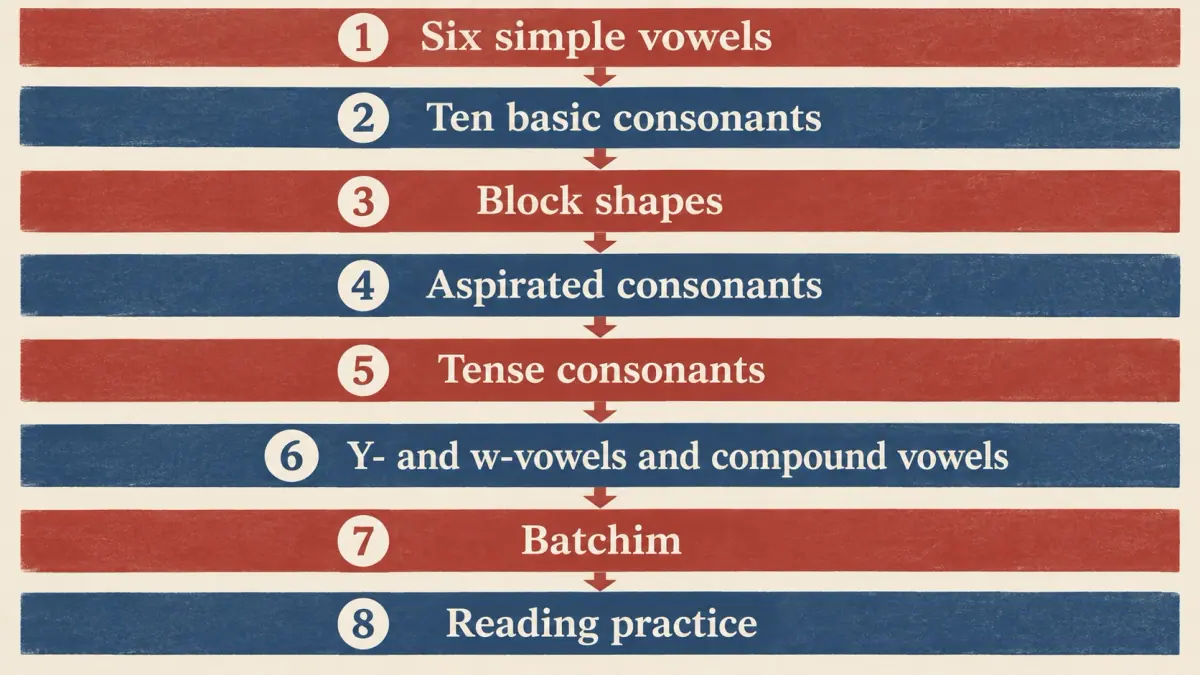 Eight numbered steps show the recommended path from simple vowels to reading practice.