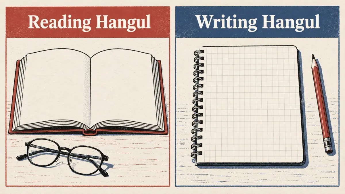 Reading Hangul is shown with a book and glasses; Writing Hangul with a notebook and pencil.