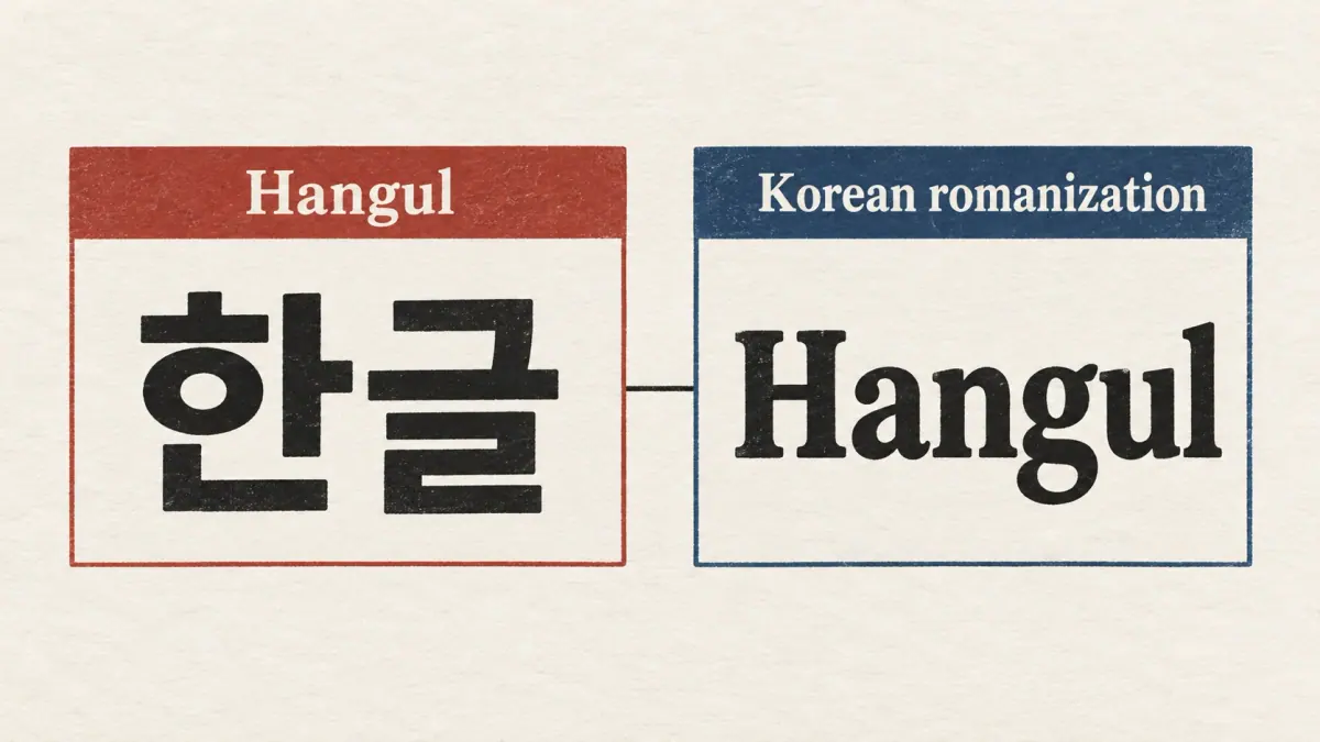 Two cards compare 한글 (Hangul) in Korean writing with Hangul in Korean romanization.