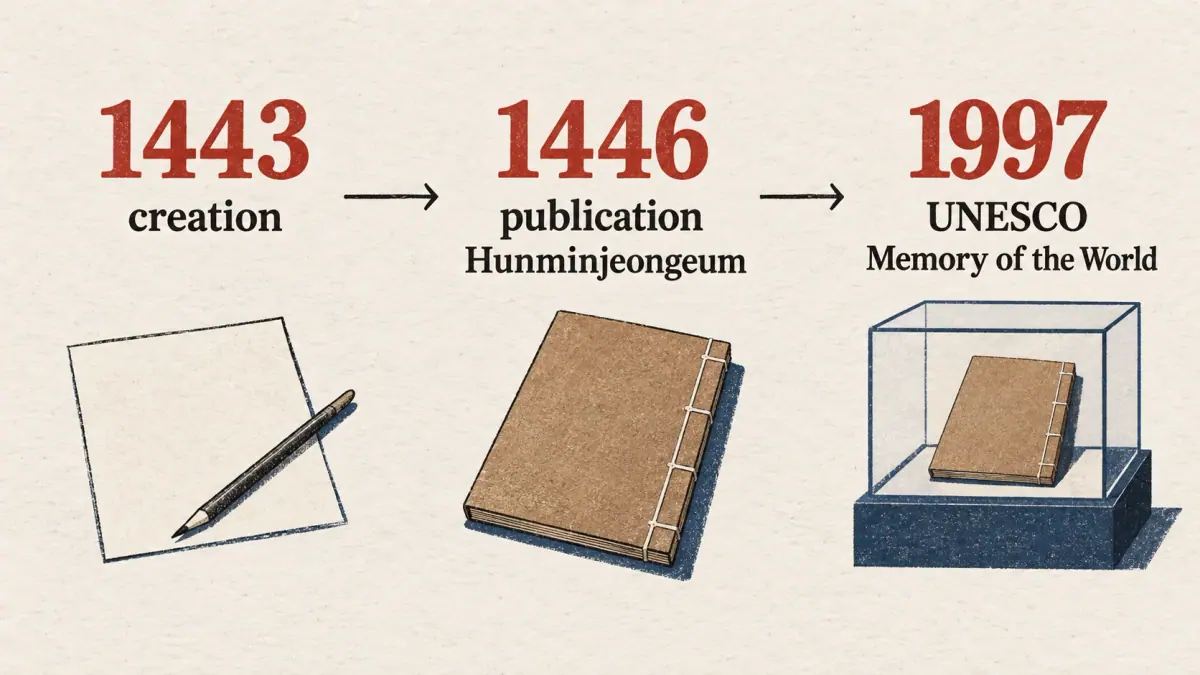 Timeline shows Hangul's 1443 creation, 1446 Hunminjeongeum publication and 1997 UNESCO recognition.