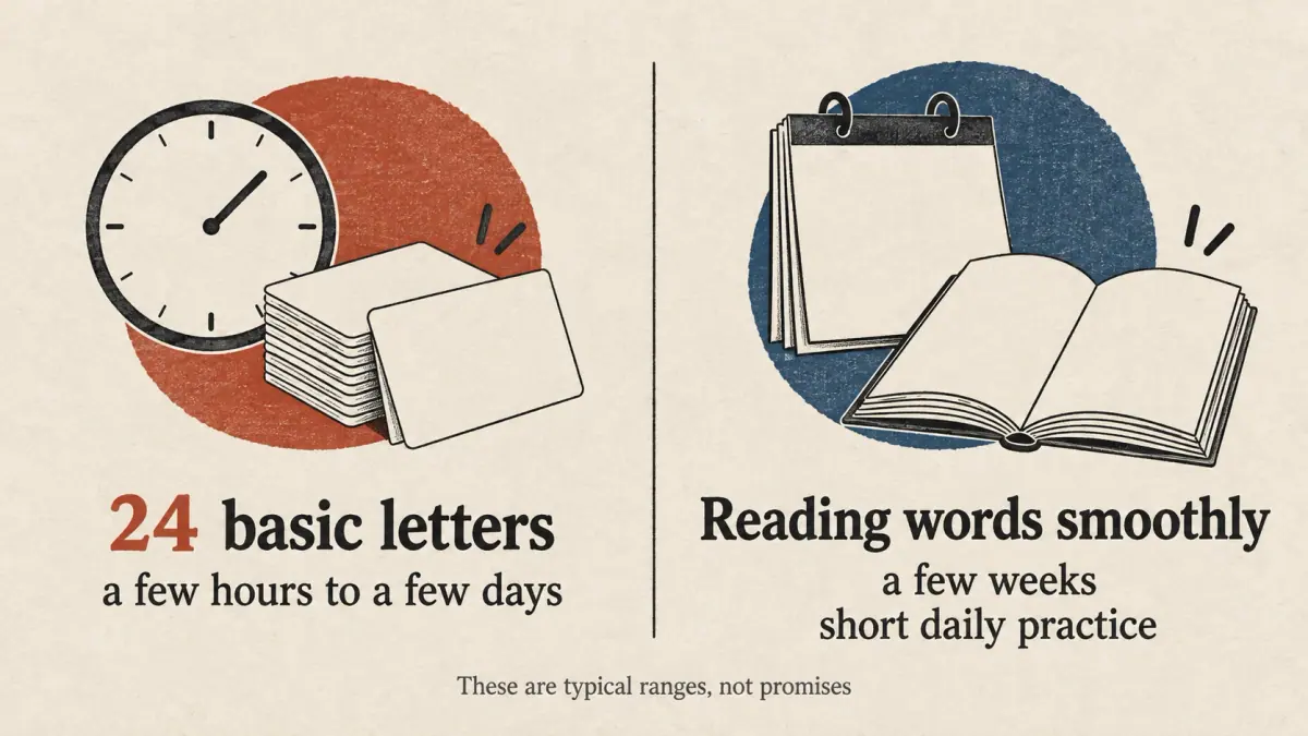 Flashcards and a clock show days for letter recognition; a calendar and book show weeks for smooth reading.
