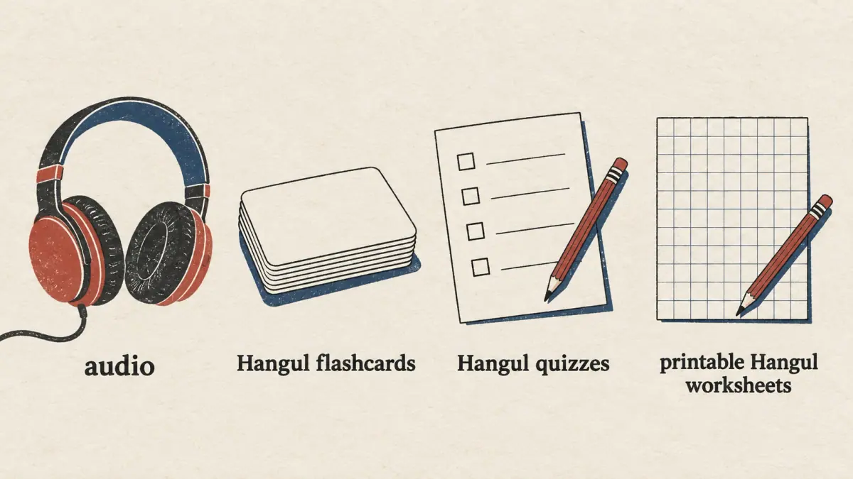 Headphones, flashcards, a quiz and squared paper show four ways to practise Hangul.